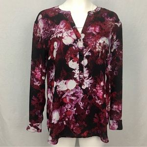 Adrianna Papell Large Top Roll Tab Sleeve Pink Long Sleeve Floral V-Neck Blouse